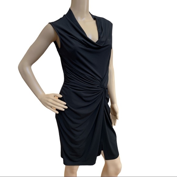 WORTHINGTON PETITE STRETCH DRAPED WRAP BODYCON‎ BLACK DRESS SIZE PM - Picture 2 of 12